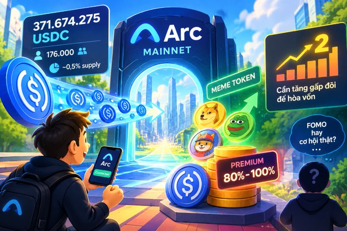A promotional graphic for 'Arc MAINNET' featuring USDC supply of 371,674,275, 176,000 holders, meme token icons, and text about premium returns and FOMO.