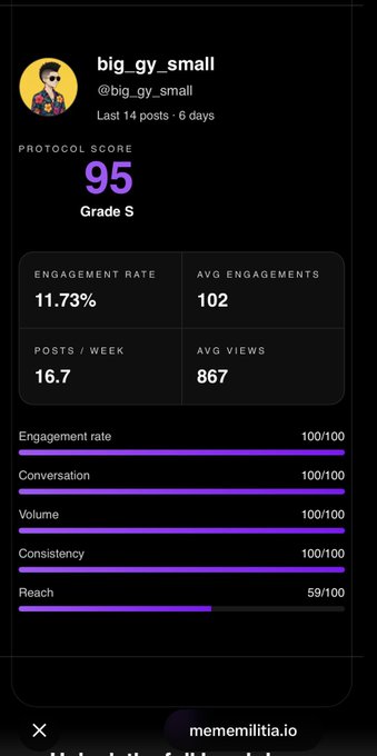 A protocol score dashboard for 'big_gy_small' showing a Grade S score of 95, with metrics including 11.73% engagement rate and 867 average views, branded with mememilitia.io.