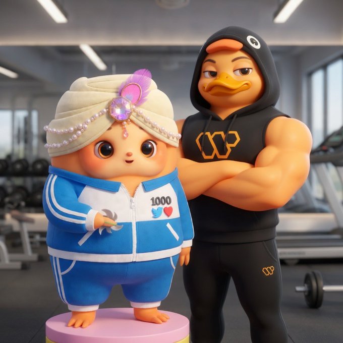 The image features two cartoon characters - one wearing a blue outfit with a white and pink scarf and the other dressed in black with an orange headband. They are standing next to each other, possibly posing for a photo or participating in a fitness challenge. The caption of the image reads "Good night my friends looks like we're finally moving away from that endless grind for points and unpredictable drops like @wallchain". This suggests that they might be taking part in an exercise routine or a fitness challenge, as indicated by the presence of dumbbells nearby.