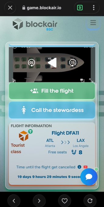 A mobile web view of 'game.blockair.io' displaying 'Flight DFAll' from Atlanta (ATL) to Los Angeles (LAX) with 8 free seats, offering buttons to 'Fill the flight' or 'Call the stewardess.'