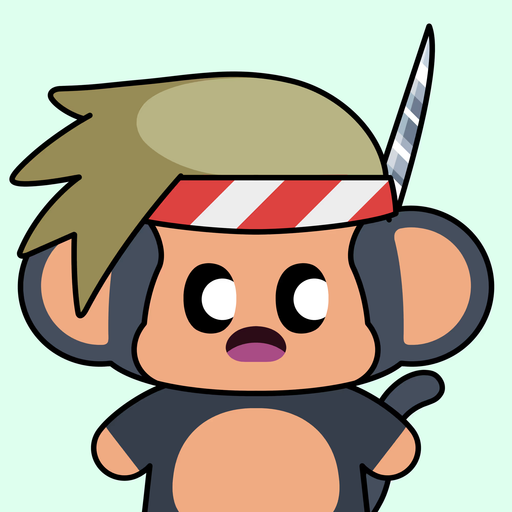 A cartoon illustration of a monkey character with a red and white striped headband, a feather, and what appears to be a weapon or sword behind it.