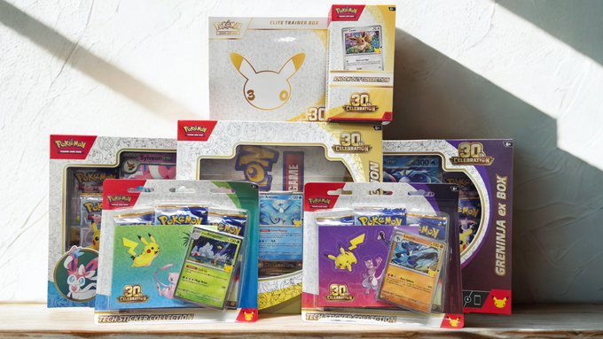 A collection of Pokémon TCG's "30th Celebration" products, including an Elite Trainer Box, Greninja ex Box, and various blister packs featuring Pikachu and Gengar, is displayed to showcase the prizes for the giveaway. The 30th Anniversary branding is prominently visible across all packaging, tying the assortment together for the contest.