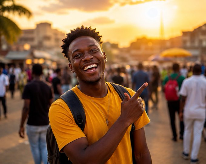 A smiling young man in a yellow shirt and backpack points to the side while standing in a busy outdoor market or street at sunset.