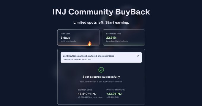 The image shows a page displaying information about an INJ community buyback. It has a dark blue background with text written across it. The image contains four important details of the buyback process that are relevant for understanding the discussion around it. These include information about the maximum number of commits, estimated ROI, and the claimed amount. There is also an alert showing whether a person's account has been credited or not after they made a successful investment in the community buyback.