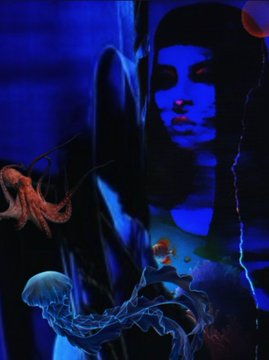 A dark, blue-tinted digital image featuring a serene face above swirling abstract shapes and jellyfish-like forms.