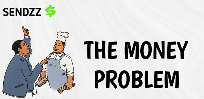 A thumbnail-style graphic with the 'SENDZZ' logo, an illustration of a chef and another man in suits, and the bold text 'THE MONEY PROBLEM' on a white crumpled paper background.