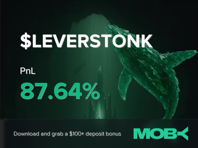 A promotional graphic with a dark green underwater theme displaying '$LEVERSTONK' in large white text, 'PnL 87.64%' in green, and the text 'Download and grab a $100+ deposit bonus' alongside the 'MOBX' logo.