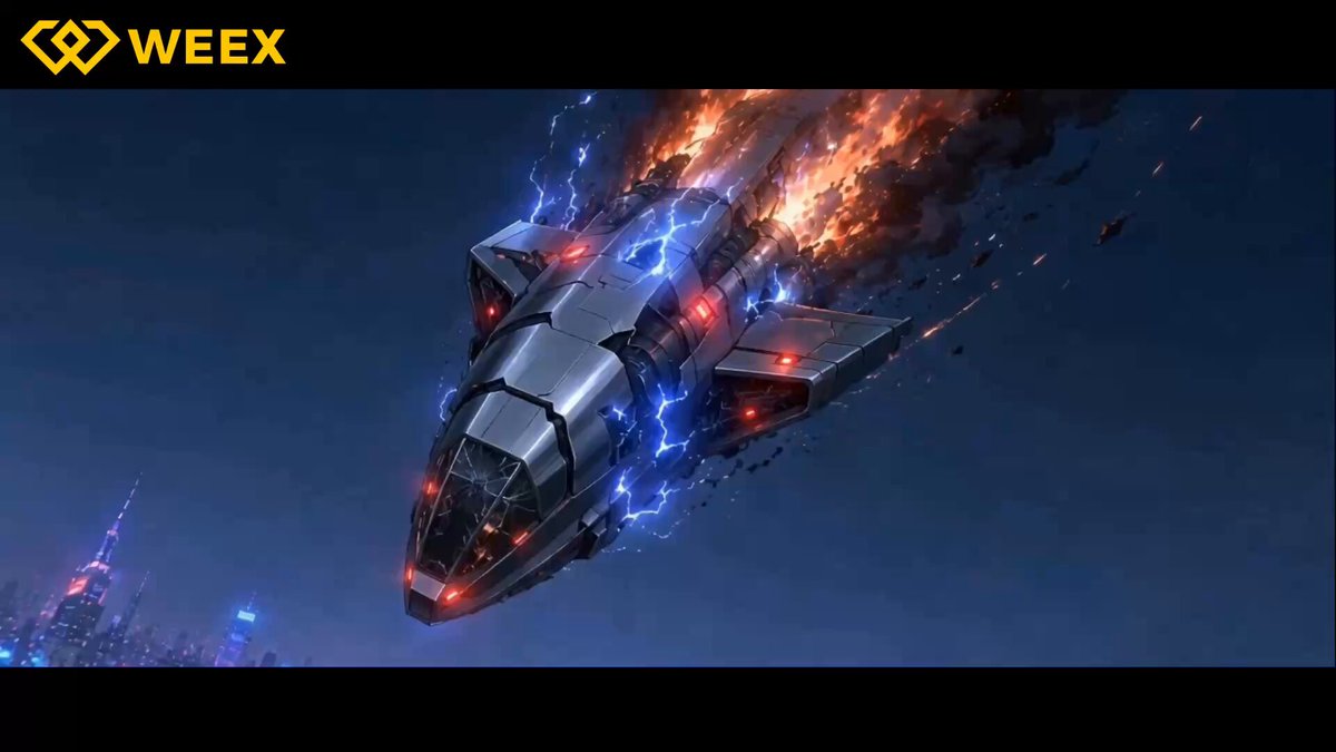 The image shows a close-up of a fighter jet with its wings spread wide and flames coming out from beneath it. The jet has blue and red flashing lights, indicating that it's an advanced, futuristic aircraft. The setting appears to be a city or town under a dark sky, which may suggest some sort of technological warfare happening around this area.