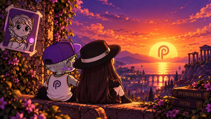 An anime-style illustration showing two characters with hats overlooking a sunset cityscape with classical architecture, featuring a 'P' logo in the sun, a framed portrait on the left, and books labeled 'PYTHENIANS' and 'PYTH'.