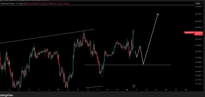 The image is a TradingView candlestick chart of the T Perpetual Contract showing BTC/USD prices on a 1-hour timeframe, currently at 65,101.5 (up +303.8/+0.05%), with an arrow projection suggesting an anticipated move higher after the price tests the $65,500 resistance level.