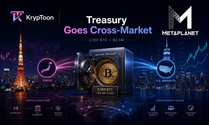 The image is a promotional graphic titled "Treasury Goes Cross-Market," featuring the KRYPTON and METAPLANET logos alongside a central Bitcoin vault displaying "2,100 BTC + $2.5M CASH," with Tokyo and U.S. Markets connected by glowing lines. It visually represents Metaplanet's Bitcoin treasury strategy expanding into U.S. markets through its contribution to Super League Enterprise, which will be renamed Superplanet.