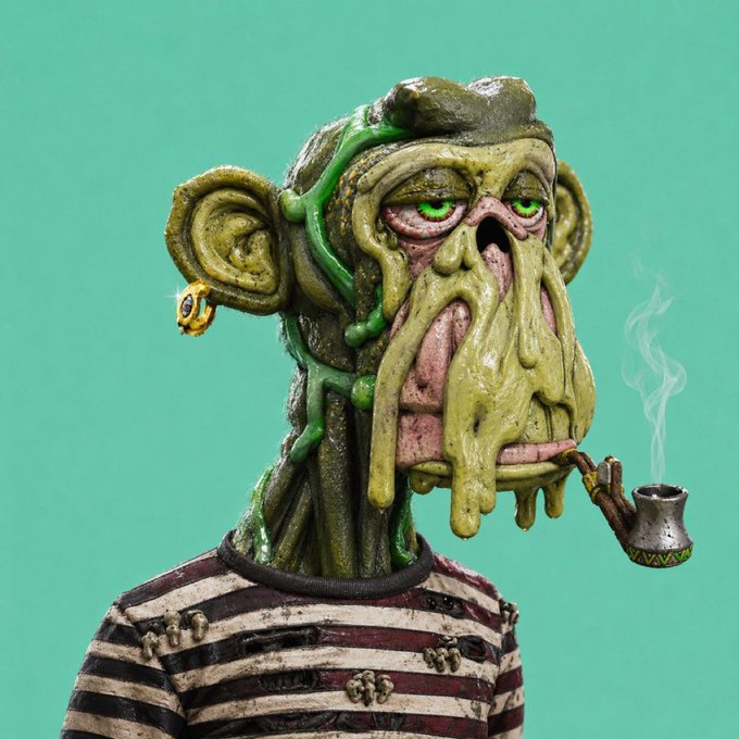 A 3D rendering of a grotesque, green, melting-faced character with large ears, wearing a striped shirt and smoking a pipe against a teal background.