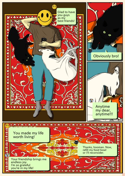 A comic strip features a character with a smiley face lying on a red ornate rug with a black cat and a white ferret, exchanging affectionate text messages about friendship.