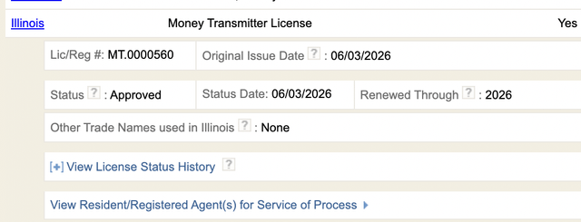The image shows a screenshot of an online form, possibly related to obtaining a money transmitter license or registration from Illinois. It appears that the form has been approved by the Illinois Department of Motor Vehicles (DMV) and is ready for submission. The text on the screen indicates that the license application will be processed in Illinois, as well as that it was approved on August 6, 2016.