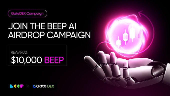 A promotional banner for the "GateDEX Campaign" announces the "Beep AI Airdrop Campaign" offering $10,000 in BEEP rewards, featuring a robotic hand holding a glowing pink orb with upward arrows. Co-branded with Beep and GateDEX logos, the ad aligns with the post's announcement of a BountyDrop campaign rewarding users who deposit 20+ USDC, deploy an AI agent, and complete their first trade.