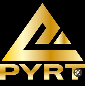 Golden triangular PYRT logo with a small Solana (SOL) icon on a black background.