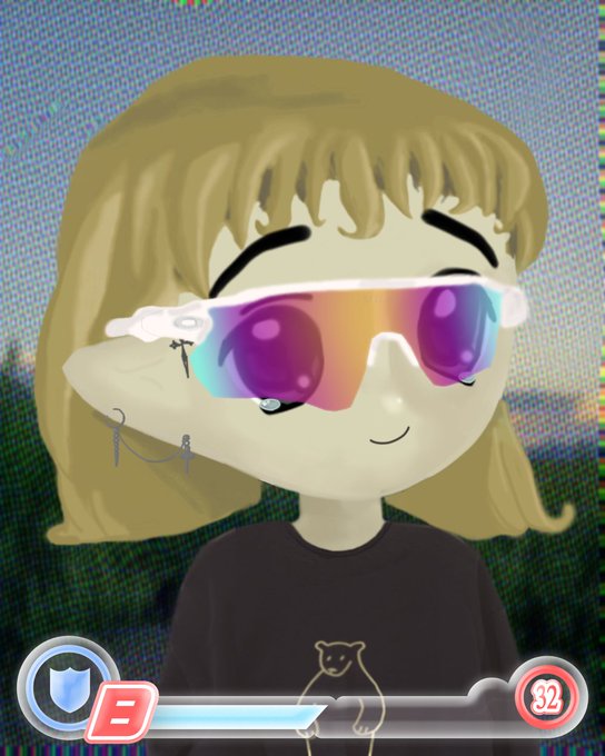 An animated cartoon character with blonde hair wearing futuristic sunglasses and a black shirt with a bear logo, appearing as a screenshot from a video game with a health/status bar at the bottom.