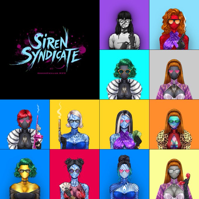 A promotional collage for "THE SIREN SYNDICATE" NFT collection by doobellar.net, displaying a grid of stylized character portraits with colorful hair, masks, and sunglasses against vibrant solid-colored backgrounds.