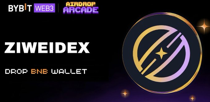 The image promotes a "$ZIWEI" airdrop on Bybit Web3 Airdrop Arcade, instructing participants to drop their BNB wallet and offering 130,000 $ZIWEI tokens per wallet within a 24-hour window. The graphic features the ZIWEIDEX logo alongside bold promotional text calling for user engagement via likes and reposts.