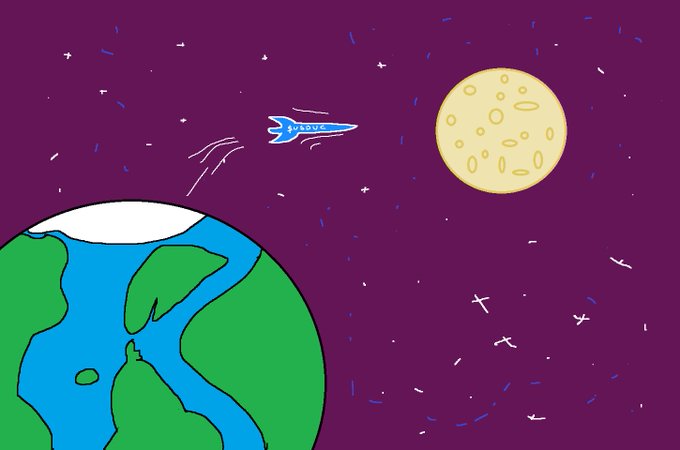 A simple digital drawing of a green and blue Earth, a yellow moon, and a small blue rocket ship in a dark purple starry space.