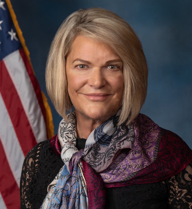 An official portrait of a woman with short blonde hair wearing a patterned scarf and black lace top, posed in front of an American flag and blue background.