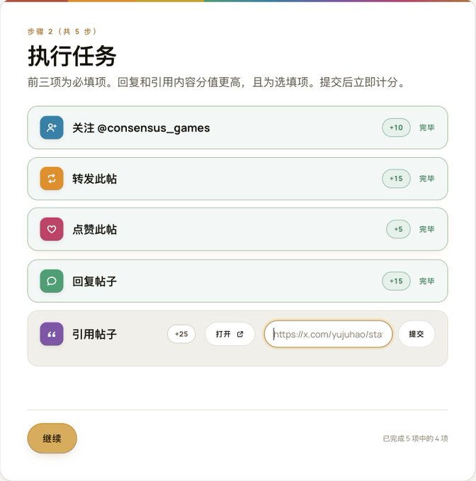 A task checklist (Step 2 of 5) for a Consensus Games NFT whitelist campaign, showing five actions with points: follow @consensus_games (+10), repost (+15), like (+5), reply (+15), and quote tweet (+25). The image relates to the post's whitelist instructions, with 4 of 5 tasks completed and a "Continue" button at the bottom.