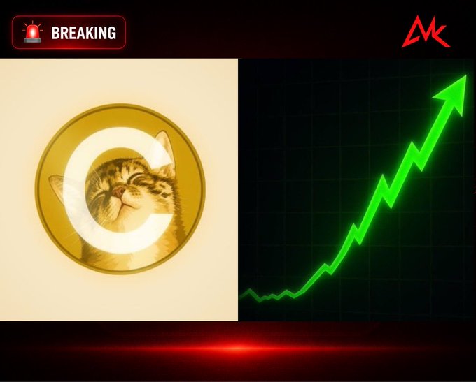 A 'BREAKING' news-style graphic showing a gold coin with a cat's face inside a 'C' logo alongside a green chart line trending upward, with an 'MK' logo in the corner.