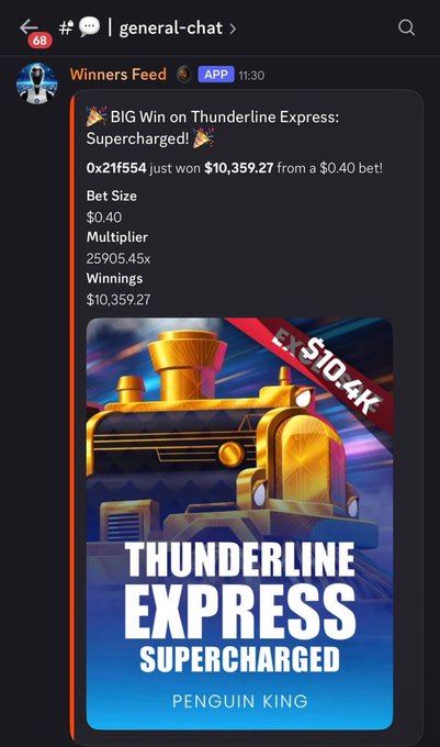 A Discord screenshot from the "Winners Feed" channel announces that user 0x21f554 won $10,359.27 on the "Thunderline Express: Supercharged" slot game by Penguin King, turning a $0.40 bet into a massive payout with a 25,905.45x multiplier. The image illustrates the post's point about MetaWin's transparent winner announcements, showing a real $10.4K win replay being shared with the community.