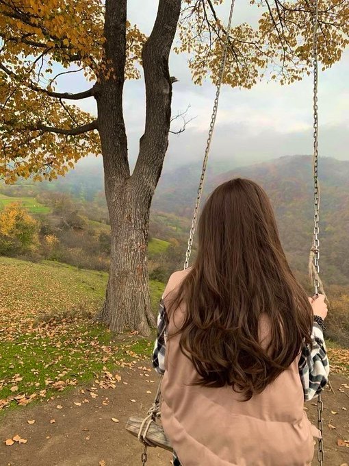 A woman with long brown hair sits on a swing facing a scenic autumn landscape with a large tree.