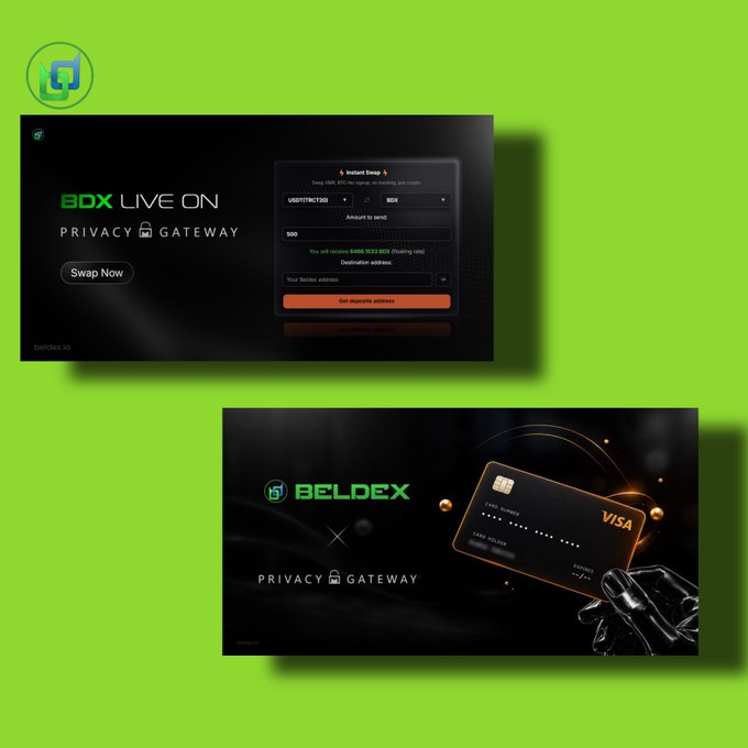 Beldex promotional graphics on a green background showing 'BDX LIVE ON PRIVACY GATEWAY' with a token swap interface and a VISA debit card design.