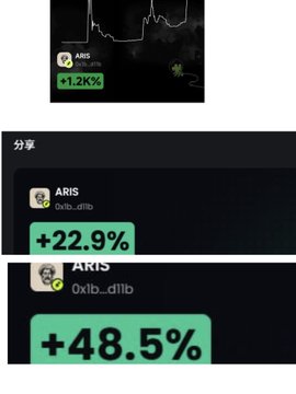 The image displays three stacked screenshots showing progressive price percentage gains for the $ARIS token (contract 0x1b...d11b), with bold green labels reading "+1.2K%", "+22.9%", and "+48.5%" beneath the "分享" (share) header, visually reinforcing the post's claim of massive gains associated with the Robinhood founder angle.
