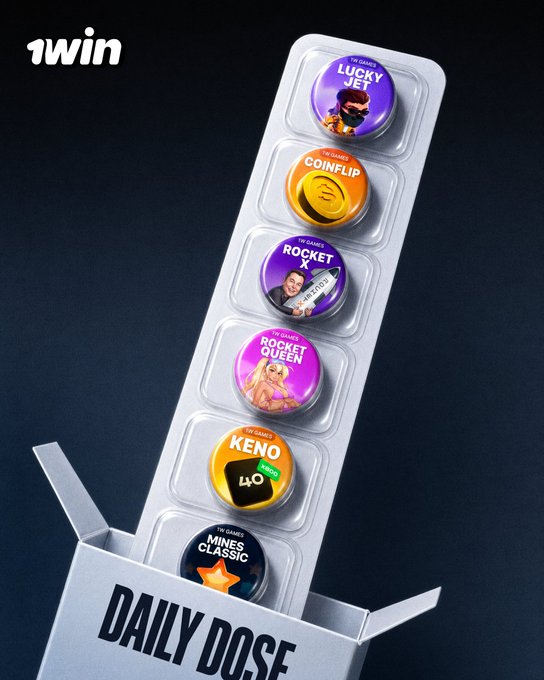 A promotional image for '1win' featuring a strip of blister-pack style pills labeled with various games including 'LUCKY JET', 'COINFLIP', 'ROCKET', 'ROCKET QUEEN', 'KENO', and 'MINES CLASSIC', emerging from a box labeled 'DAILY DOSE'.