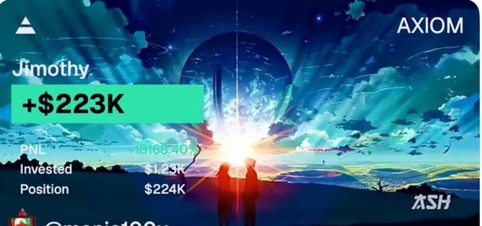 A vibrant sky background with two silhouetted figures facing a bright sunrise displays portfolio metrics for "Jimothy" showing a +$223K gain, with $1.23K invested returning $224K in position value, visually celebrating the memecoin trade that turned 17 SOL ($1,238) into 3,056 SOL ($223,432) for a 180x return.