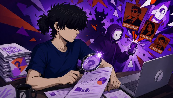 An anime-style illustration depicts a person at a desk analyzing data with a magnifying glass, while a mysterious hooded figure holds a phone displaying 'TO THE MOON!' next to floating images.