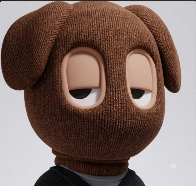 A 3D rendered character wearing a brown knit balaclava hat with droopy dog-like ears, looking unimpressed.