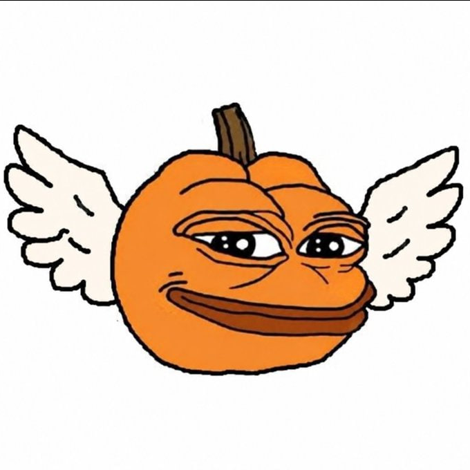 An illustrated cartoon of an anthropomorphic orange pumpkin with a smug expression and small white angel wings.