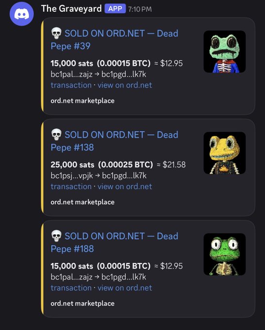 A Discord channel called 'The Graveyard' shows multiple 'SOLD ON ORD.NET — Dead Pepe' notifications, including Dead Pepe #39 for 15,000 sats (~$12.95), Dead Pepe #138 for 25,000 sats (~$21.58), and Dead Pepe #188 for 15,000 sats (~$12.95).