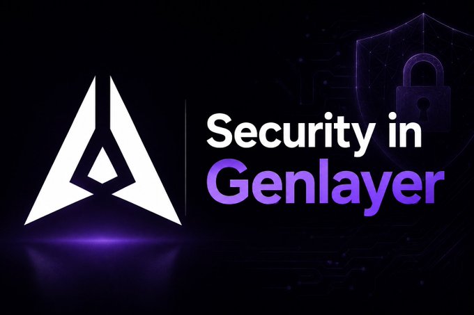 A promotional graphic reads 'Security in Genlayer' in white and purple text next to a white triangular logo and a purple padlock icon.