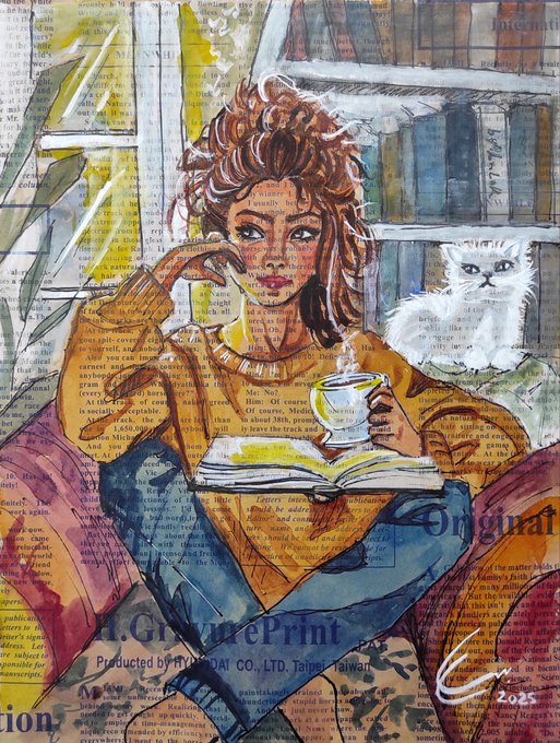 A watercolor and mixed-media illustration shows a curly-haired woman enjoying a quiet moment with a steaming cup of coffee and an open book, accompanied by a white cat beside a bookshelf. The artwork is signed "Naz 2023" and overlays collage-style newspaper text, complementing the post's theme of a peaceful Saturday self-care moment.