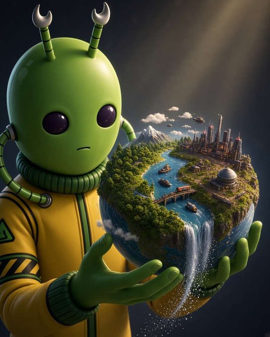 A 3D-rendered green alien character in a yellow spacesuit holding a miniature planet featuring rivers, waterfalls, forests, mountains, and futuristic buildings.