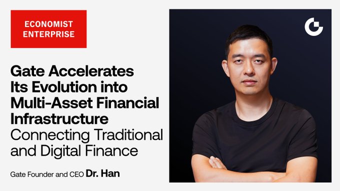 An Economist Enterprise feature titled 'Gate Accelerates Its Evolution into Multi-Asset Financial Infrastructure: Connecting Traditional and Digital Finance,' showing a photo of Gate Founder and CEO Dr. Han Lin wearing a black t-shirt.