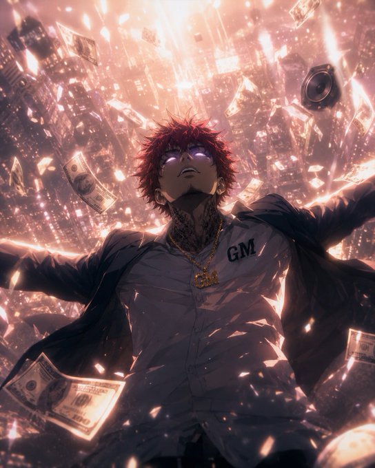 An anime-style character with glowing red hair, neck tattoos, a "GM" emblem on his chest, and a gold "GG" chain stands with arms outstretched beneath a cascade of falling hundred-dollar bills and sparkling light. The imagery embodies the post's "GM GANG" message, projecting an aura of wealth, power, and triumphant swagger as a bold visual call to rally the community with a morning greeting.