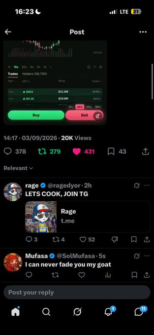 A social media post displaying a stock/crypto trading chart for 'Trades' on the 'Holdara' platform with Buy and Sell buttons, showing 20K views, 378 comments, 279 reposts, and 431 likes, with replies from users rage (@raged4yor) and Mufasa (@SolMufasa).