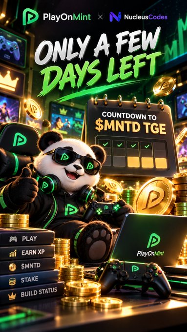 A promotional graphic features a panda character wearing sunglasses and gaming gear, advertising 'ONLY A FEW DAYS LEFT' countdown to the '$MNTD TGE' for PlayOnMint x NucleusCodes, with menu options including PLAY, EARN XP, $MNTD, STAKE, and BUILD STATUS.