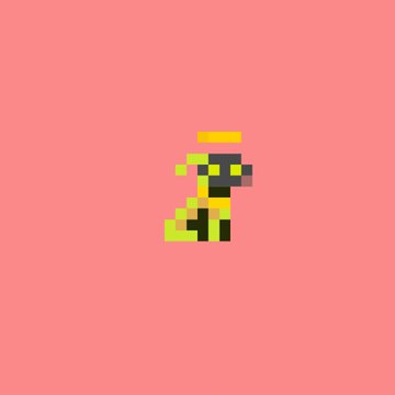 A minimalist pixel art image showing a small abstract figure composed of yellow, green, and dark pixels on a coral/salmon pink background.