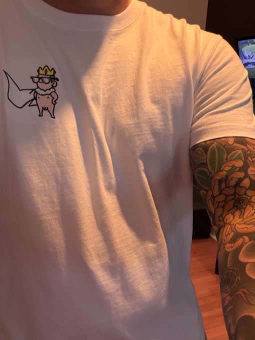 A mirror selfie showing a person wearing a white t-shirt with a small cartoon graphic of a crowned figure with a cape, their tattooed arm visible, in a room with wooden flooring.