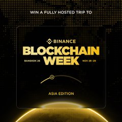 A dark promotional poster with the Binance logo and gold lettering reading "WIN A FULLY HOSTED TRIP TO BINANCE BLOCKCHAIN WEEK ASIA EDITION".