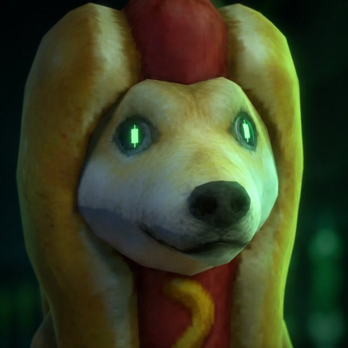 A close-up 3D rendered illustration of a brown dog's face with green glowing eyes and a red mohawk.