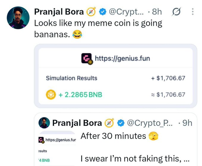 A screenshot of X posts by verified user Pranjal Bora (@Crypt...) showing simulation results from genius.fun, displaying profits of "+2.2865 BNB" (~$1,706.67) and claiming his meme coin is "going bananas," which appears to exemplify the behavior of KOLs shilling crypto projects with promotional profit screenshots.