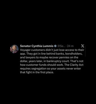 A tweet from Senator Cynthia Lummis (@Se...·24m) is displayed on a black background, stating that Voyager customers lost more than just app access, as they were placed behind banks, bondholders, and lawyers in bankruptcy court, arguing this is not how customer funds should work and that the Clarity Act's asset segregation provisions exist to prevent such situations.